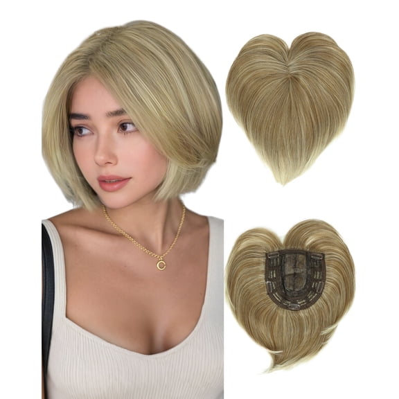 DAPRZIY Hair Toppers for Women Short Bob Natural Synthetic Hair with Bangs 8.5" Side Part Hairpieces for Women with Thin Hair 6" 6" Larger Base Wig Toppers(Brown mixed blonde)