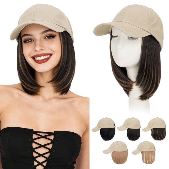 DAPRZIY Hat Wig, Distressed Baseball Cap Wigs with Hair Extension Attached for Women, Adjustable Vintage Plain Washed Beige Hat with Short BOB Hair, 6inch Highlighted Brown/Blonde