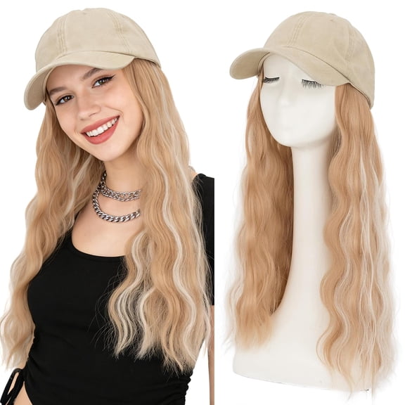 DAPRZIY Hat Wig, Distressed Baseball Cap Wigs with Long Wavy Hair Extension Attached for Women, Adjustable Vintage Plain Washed Beige Hat Wig, 18 inch Highlighted Platinum Mixed Honey Blonde