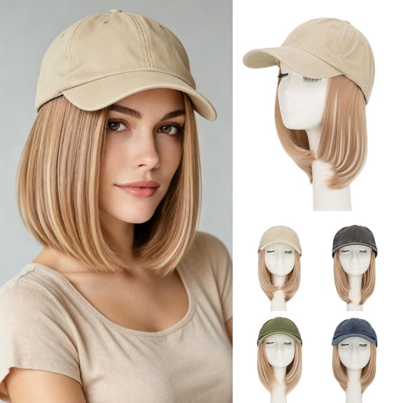 DAPRZIY Hat Wigs for Women,Khaki Baseball Cap with Hair Extensions for Women,Short Bob Hairstyle Caps with Hair Attached Adjustable Baseball Cap Wig 6 Inch Highlighted Honey Blonde Hair