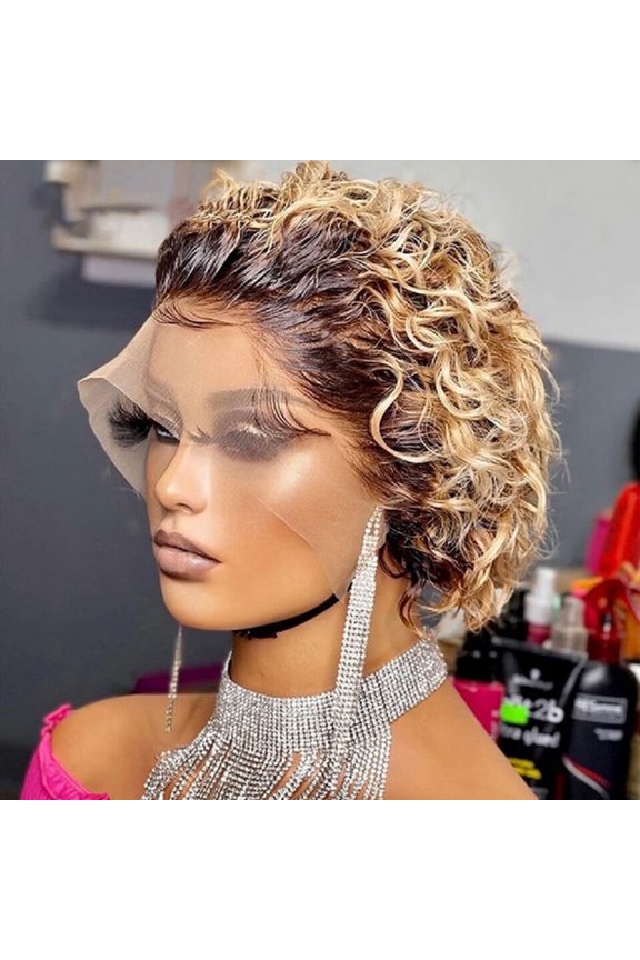 Short Curly Synthetic Lace Front Wig, Ombre Blonde Brown Pixie Cut Wig, Pre Plucked Natural Hairline Wigs for Women