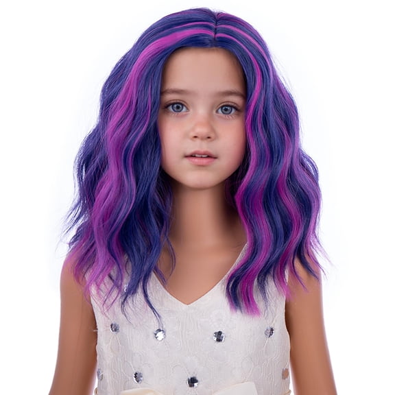 DAPRZIY Kids Pink Blue and Purple Wig Girl Short Blue Wave Curly Wig Children Side Part Bob Wigs Synthetic Cosplay Party Hair