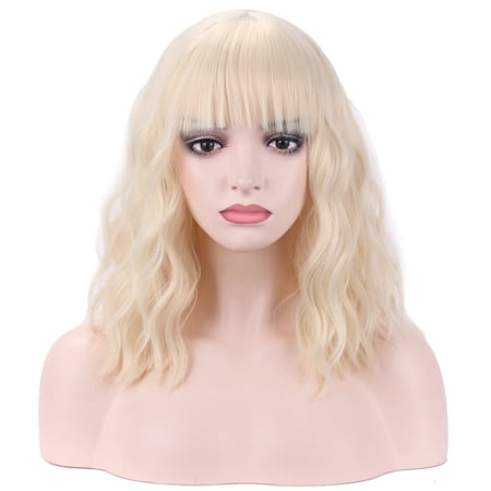 DAPRZIY Light Blonde Short Curly Bob Wig With Bangs for Women Girls Heat Resistant Hight Density Synthetic Wig for Cosplay Girls Party or Daily Use Wig Cap Included