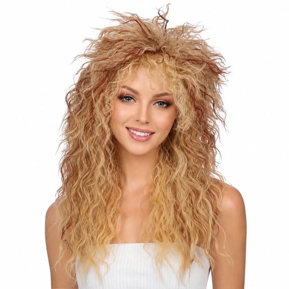 DAPRZIY Long Curly 80s Women Blonde with Reddish Brown Rocker Wig