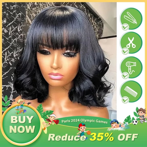 DAPRZIY Natural Black Short Wavy Bob Human Hair Wig with Bangs
