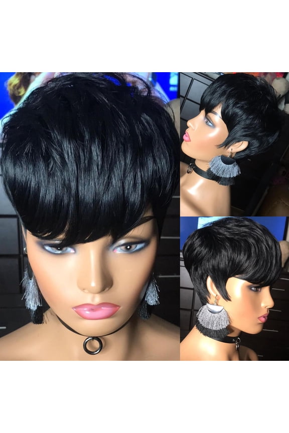 Natural Short Pixie Cut Hair Wigs Black Straight Synthetic Women Cosplay BOB Wigs