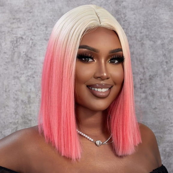 DAPRZIY Ombre Blonde Bob Wig Straight Wigs Highlight Blonde Hair Synthetic Lace Front Wig Shoulder Lenth Bob Wigs For Daily Party(14 Inch)