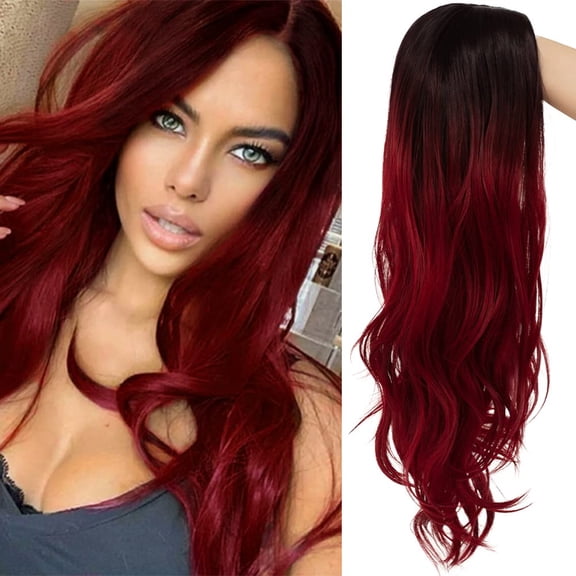 DAPRZIY Ombre Red Long Curly Wigs for Women Wavy Synthetic Hair Wigs Dark Roots Hair Women Wig for Cosplay Halloween Party Daily Use (Red)