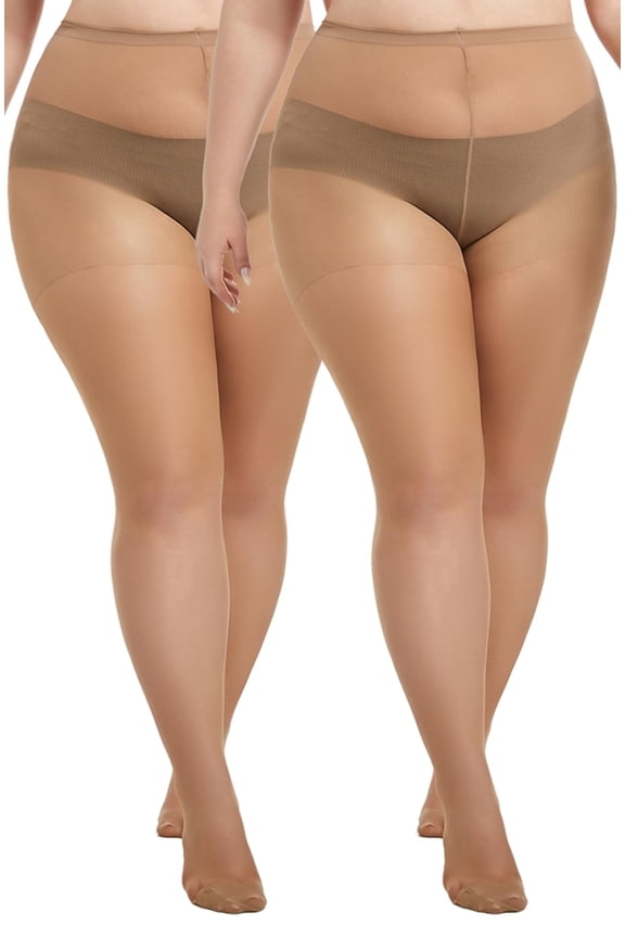 Plus Size Sheer Tights for Women,20D Control Top Pantyhose Reinforced Toes High Waist Stockings 2 Pairs 1XL-6XL