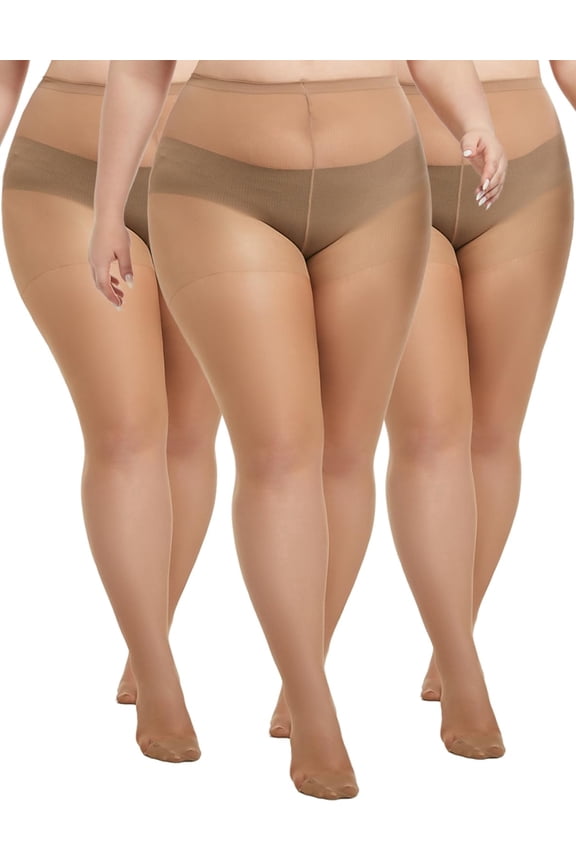 Plus Size Sheer Tights for Women,20D Control Top Pantyhose Reinforced Toes High Waist Stockings 3 Pairs 1XL-6XL