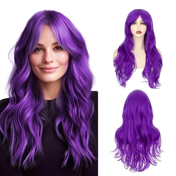 DAPRZIY Purple Wig with Side Side Bangs Long Wavy Cosplay Wig for Women Natural Hair 24 Inch Synthetic Hair for Girls Daily Party Halloween