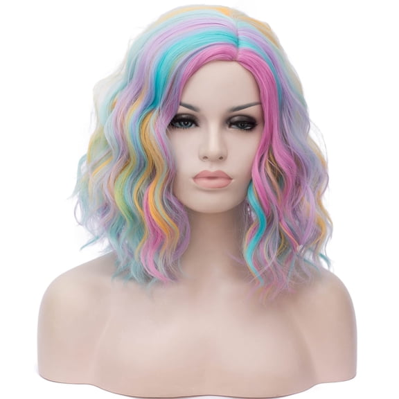DAPRZIY Rainbow Short Wigs Women Girls Curly Wavy Hair Wig 14" Body Bob Cosplay Party or Daily Use Wigs