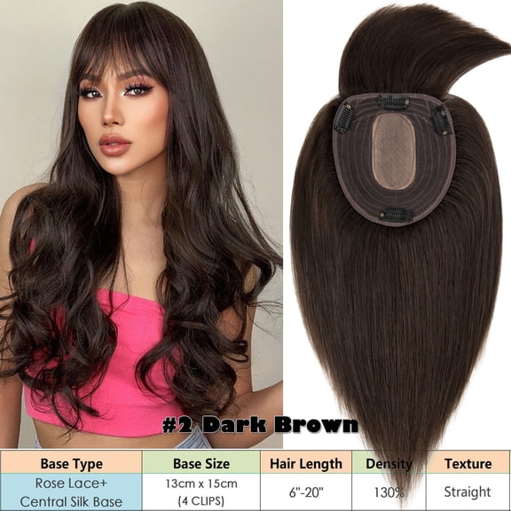 DAPRZIY Real Hair Clip In Extensions Clip In Hairpiece Silk Base Topper Toupee With Bang Wiglet Top Remy Human Hair Piece Crown 13cm*15cm Brown 6"-22"