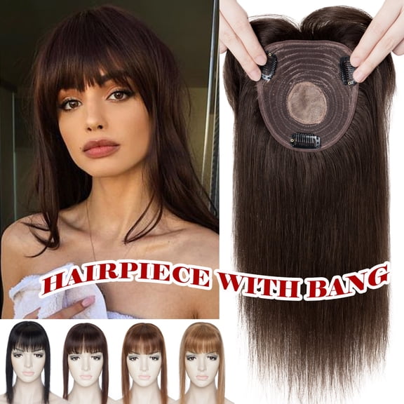 DAPRZIY Remy Human Hair Clip In Topper With Bang Toupee Hairpiece Wig Top Piece Base Wiglet NEW 10cm*12cm Brown