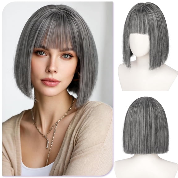 DAPRZIY Short Ash Grey Ombre Bob Wig with Bangs - 10 inch Straight Bob Wig for Women Soft Synthetic Hair Wigs with Face-Framing Curtain Bangs Natural Looking for Daily Wear or Cosplay Party Use
