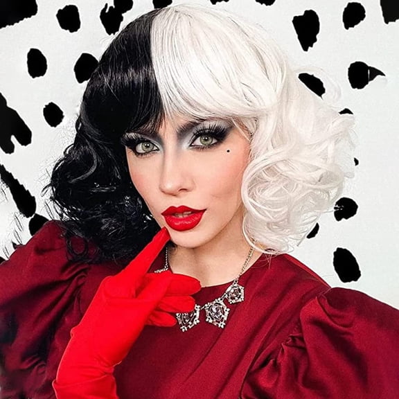 DAPRZIY Short Bob Wigs Cruella Half Wigs for Women Curly Devil Wigs with Bangs for Cosplay Wefted Wig Caps(2Pack)
