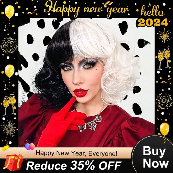DAPRZIY Short Bob Wigs Cruella Half for Women Curly Devil with Bangs Cosplay Wefted W