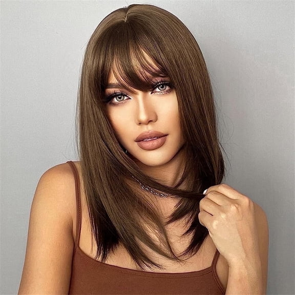 DAPRZIY Short Brown Wig with Bangs ,Straight Bob Wigs for Women Shoulder Length Wig 14Inch