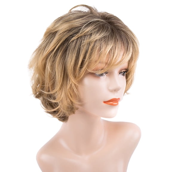 DAPRZIY Short Curly Lace Wig with Bangs Yellow Brown Blonde Pixie Cut Synthetic Wavy Wig