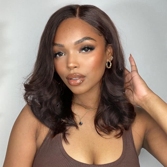 DAPRZIY Short Curly Wavy Wigs Curly Bob Lace Front Wig for Women Short Body Wave Side Part Synthetic Wig (Chocolate 14inches)