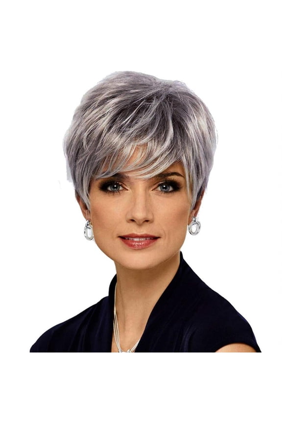 Short Gray Wigs with Bangs Sliver Gray Wigs Pixie Cut Layered for Women Synthetic with Free Wig Cap