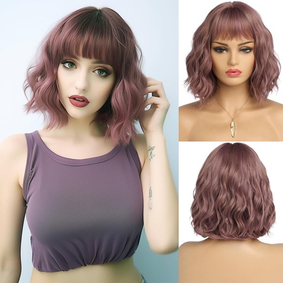 DAPRZIY Short Wigs for Women Grey Wavy Bob Wig with Bangs Medium Length Syntheti Lite