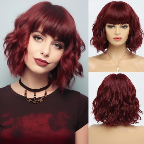 DAPRZIY Short Wigs for Women Grey Wavy Bob Wig with Bangs Medium Length Synthetic Hair Water Wave Dark Roots Wig Gray Colorful Wigs12 Inches
