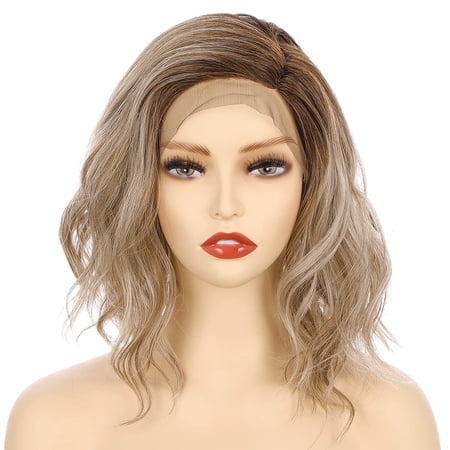 DAPRZIY Shoulder Length Side Part Lace Front Short Wavy Hair Bob Wigs for Women(Light Ash Blonde Evenly Blended with Cool Platinum Blonde and Dark Roots)