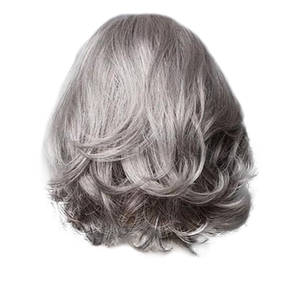 DAPRZIY Silver Gray Layered Wigs, with Curtain Bangs for Women Synthetic Short Light Grey Wig, Layered Gray Wavy Bob Wig Highlight Grey Curly Bob Wig for Black Women Silver Grey Wig