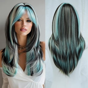 DAPRZIY Sky Blue Highlight Platinum Wig with Bangs for Women 25 Inch Black Ombre Teal Layered Synthetic Wig Heat Resistant Fiber for Daily Wear