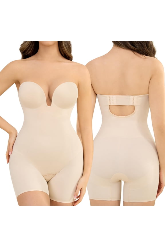 Strapless Shapewear Deep-Plunge Bodysuit: Strapless Wedding Body Shaper With Bra - Bridal Low Back Shape Wear 1pcs