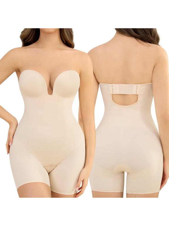 Strapless Shapewear Deep-Plunge Bodysuit: Strapless Wedding Body Shaper With Bra - Bridal Low Back Shape Wear 1pcs