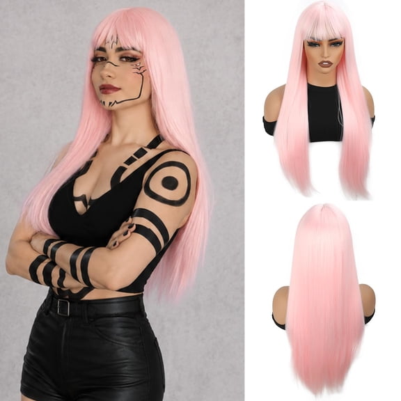 DAPRZIY Synthetic Pink Wig 28 Inches Wig With Bangs Straight Heat Resistant Protein Fiber Hair Light Pink Color Cosplay Wig