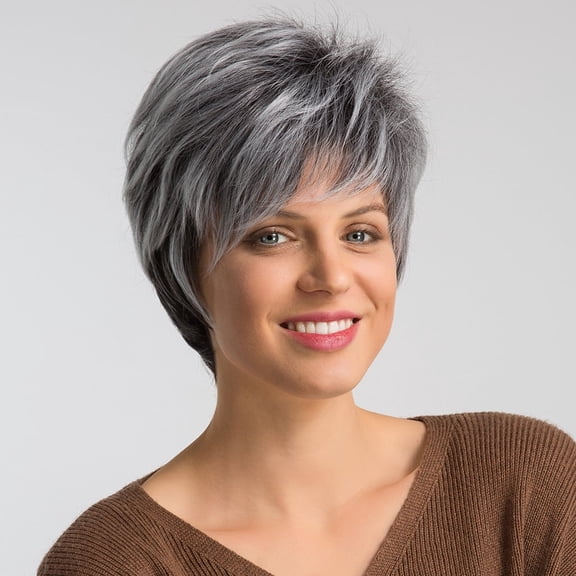DAPRZIY Synthetic Short Ombre Gray Pixie Haircut Wig with Bangs Glueless Layered Wig Wavy Grey to Black Wigs for Women