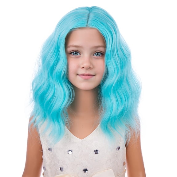 DAPRZIY Teal Blue Wig for Kids Girls Short Blue Wavy Curly Wigs Child Bob Side Part Wig Synthetic Cosplay Party Halloween Wigs