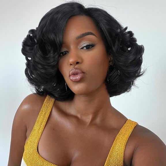DAPRZIY Wig Short Body Wave Wig Glueless Short Wavy Bob Wigs Side Part Loose Wave Wigs for Women Shoulder Length Curly Synthetic Wig Hair Wig