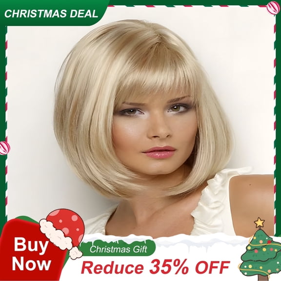 DAPRZIY Wig Straight Bob Neat Bang Wig Medium Length Blonde Synthetic Hair 12 inch Women's Party New Arrival Comfortable