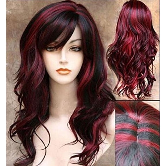 DAPRZIY Wig Women's 2 Tones Wine Red Mixed Black Big Wave Synthetic Hair Long Wavy Curly Hair Wigs (Red/Black)