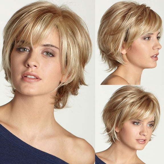 DAPRZIY Wigs For Women And DAPRZIY Fashion Short Straight Hair Light Blonde Short Layered Wavy Full Synthetic Wig Blonde Highlights