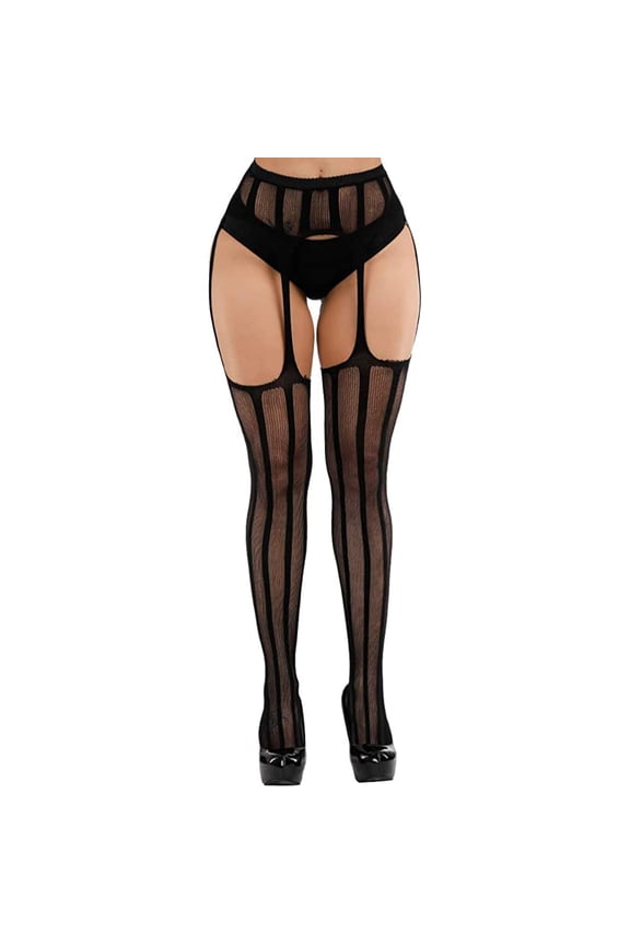 Women's High Waist Fishnet Tights Suspenders Pantyhose Thigh High Stockings Black
