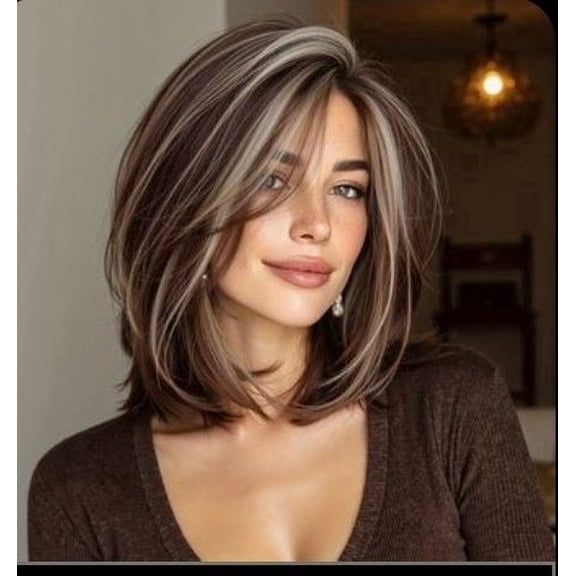 DAPRZIY Women's Short Bob Wig Brown with Blonde Highlights Synthetic Fiber Natural Look Lightweight Daily Party Wig