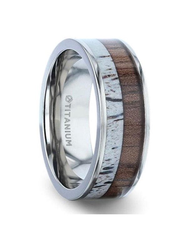 DARBY Titanium Polished Men's Ring - Deer Antler & Black Walnut Inlay