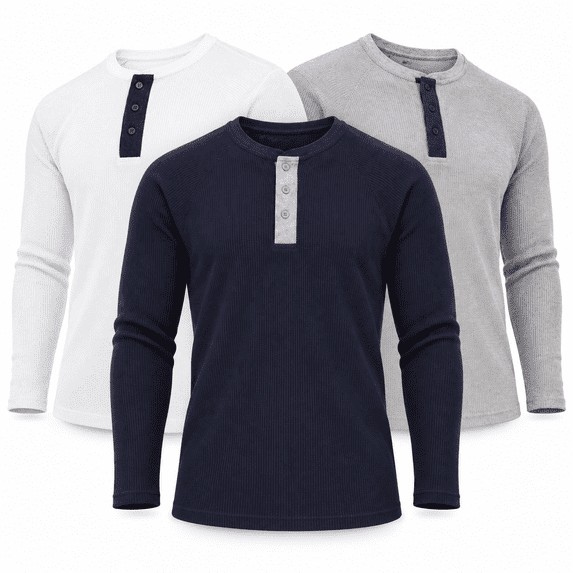 DARESAY Men’s Thermal Henley Shirts 3-Pack, Long Sleeve Waffle Knit Base Layer Tops, Warm Layering Shirts for Winter, Sizes S–3XL