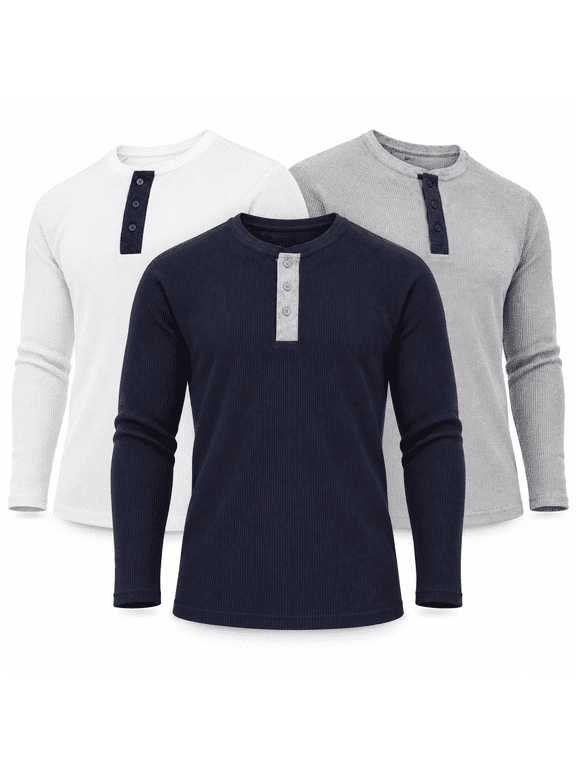Men’s Thermal Henley Shirts 3-Pack, Long Sleeve Waffle Knit Base Layer Tops, Warm Layering Shirts for Winter, Sizes S–3XL