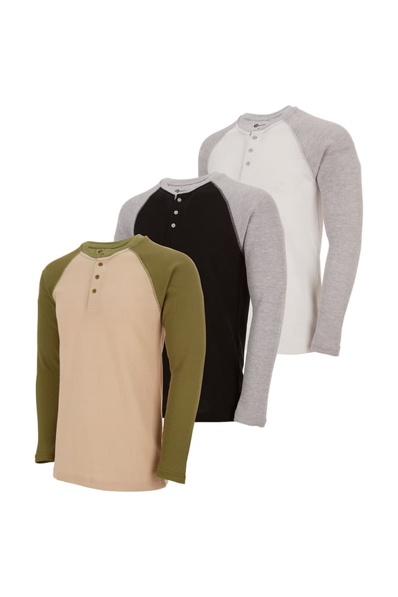3-Pack Men's Thermal Crew Long Sleeve Henley Tops Base Layer Shirt-(Up to 3X)