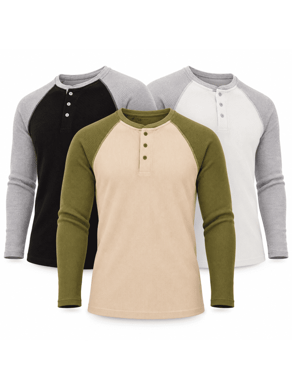 Men’s Thermal Henley Shirts 3-Pack, Long Sleeve Waffle Knit Base Layer Tops, Warm Layering Shirts for Winter, Sizes S–3XL
