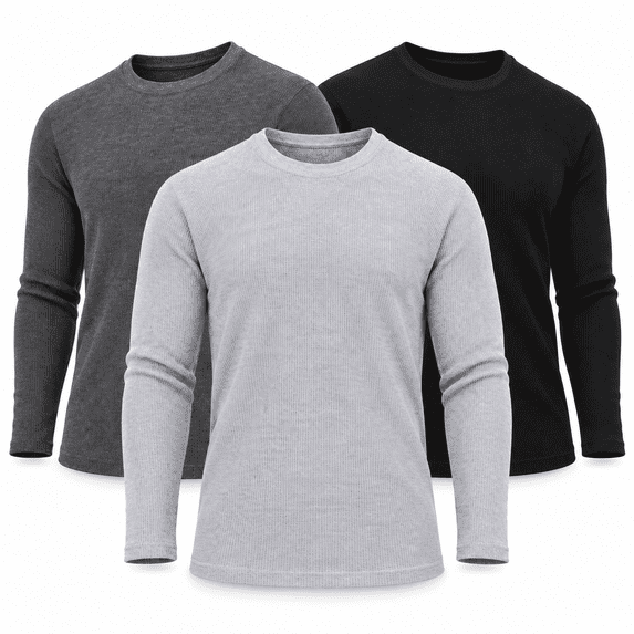 DARESAY Men’s Thermal Shirts 3-Pack, Long Sleeve Waffle Knit Crew Neck Base Layer Tops, Warm Winter Layering Shirts, Sizes S–3XL