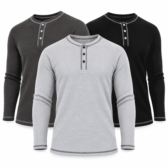DARESAY Men’s Thermal Henley Shirts 3-Pack, Long Sleeve Waffle Knit Base Layer Tops, Warm Layering Shirts for Winter, Sizes S–3XL