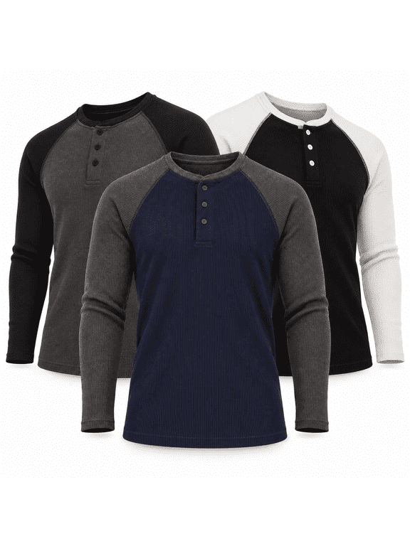 Men’s Thermal Henley Shirts 3-Pack, Long Sleeve Waffle Knit Base Layer Tops, Warm Layering Shirts for Winter, Sizes S–3XL