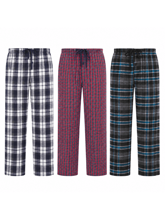 Men’s Flannel Pajama Pants 3-Pack, Plaid Sleep & Lounge Pants with Pockets, Elastic Waist, Drawstring & Button Fly, Sizes S–3XL